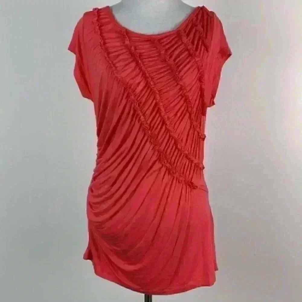 August silk top size S orange coral ruffle ruching